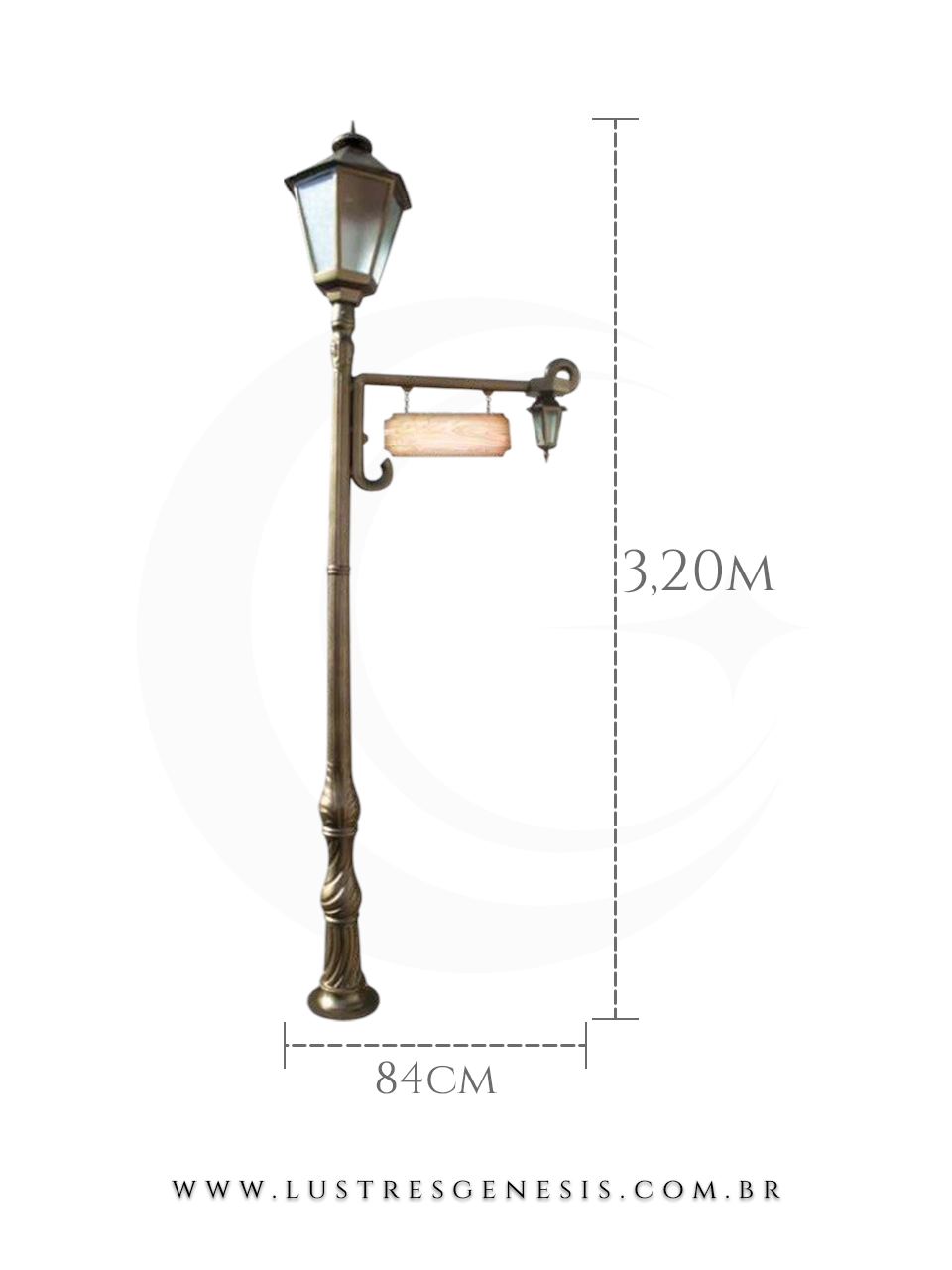 Poste de Jardim Colonial 3,20m Alum&iacute;nio Fundido com Suporte para Placa Ilumina&ccedil;&atilde;o externa fachada, jardim e &aacute;rea gourmet